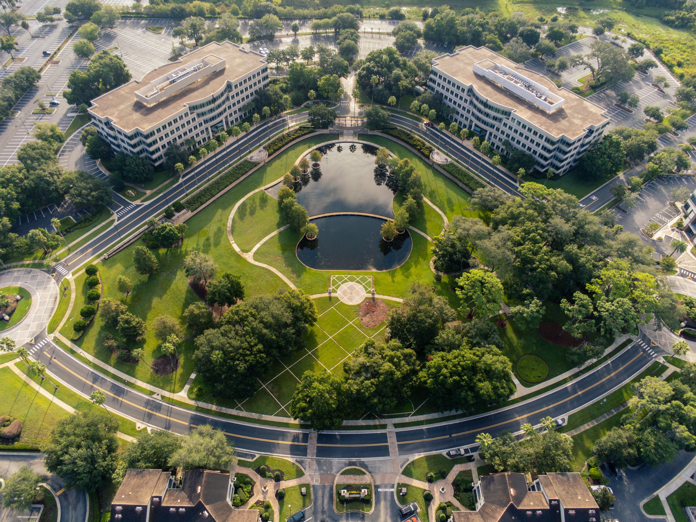 Aerial view of a modern California business campus